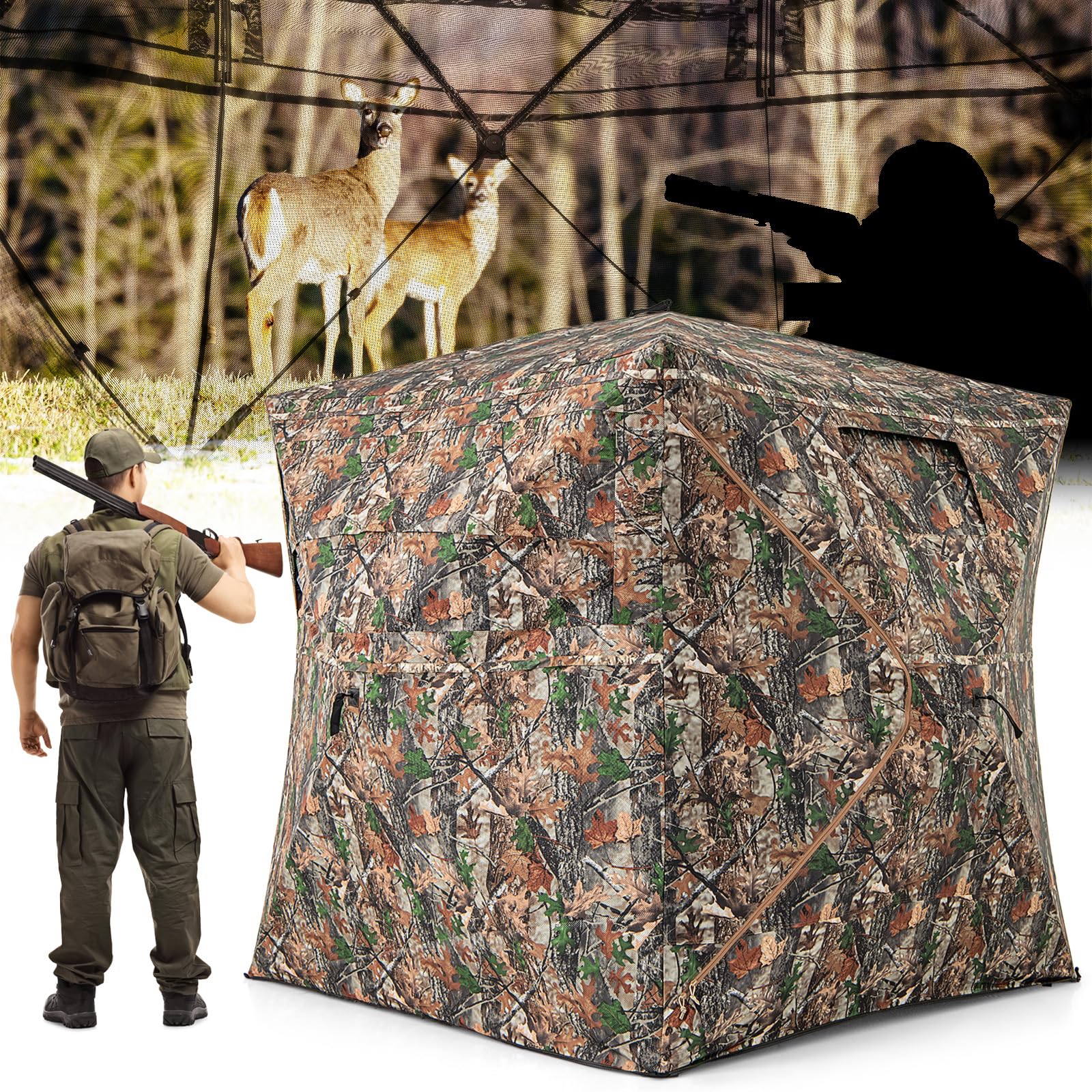 Tangkula Extra Tall 3-4 Person Hunting Blind, 270 Degree See Through Ground Blind with Silent Slide Windows